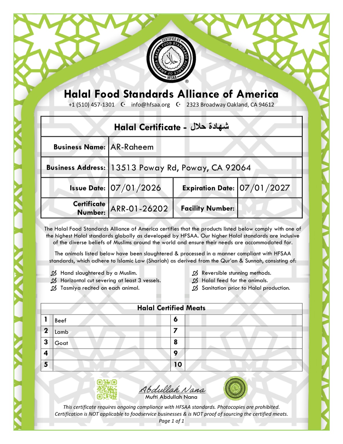 HFSAA Halal Certificate issued to AR-Raheem, certificate number ARR-01-26202, valid through July 1, 2027